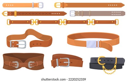 Leather straps. Cartoon belts with unbutton metal buckles, leathers horizontal strip, fashion belt for clothes waist decoration lock golden chain clasp, neat vector illustration of lock belt metal