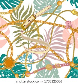 Leather straps, golden chains and palm leaves on white background. Seamless vector pattern with tropical motifs.