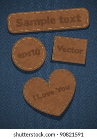 Leather stripes on denim fabric with threads Vector set