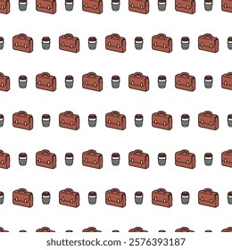 Leather Suitcase and Coffee Cups for Work Pattern. Ideal for office-themed designs, digital wallpapers, business presentations, and stationery projects, perfect for professionals and creatives alike.