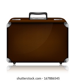 Leather suitcase with combination lock and metal corners. Realistic illustration. Isolated on white background
