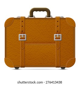 Leather suitcase, front view. Brown travel bag with belts. Qualitative vector graphics for travel, luggage, tourism, accessory, vacation, baggage, trip, etc