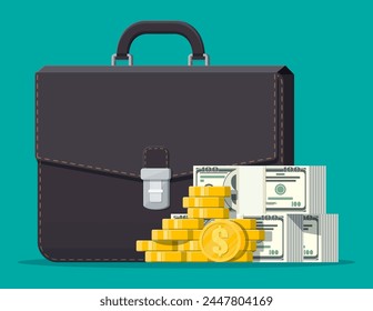 Leather suitcase full of money. Stacks of dollar banknotes and golden coins and case. Symbol of wealth. Business success. Stock market investment portfolio. Flat style vector illustration.