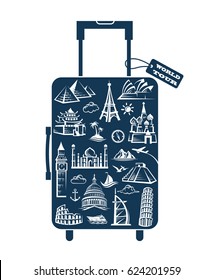 Leather suitcase image with travel stickers. Vector illustration