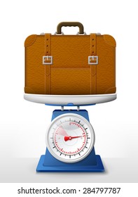 Leather suitcase on scale pan. Weighing travel bag with belts on scales. Qualitative vector illustration about travel, luggage, tourism, accessory, vacation, baggage, trip, etc