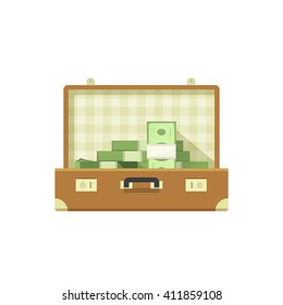 Leather Suitcase Open Full Of Money Vector Illustration Isolated On White Background, Suitcase Money Concept, Suit Case Open, Suitcase Cash Flat Icon Cartoon Design