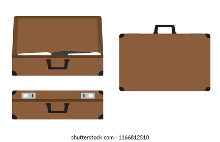Leather suitcases set open, closed and side view positions. Flat color vector illustration.