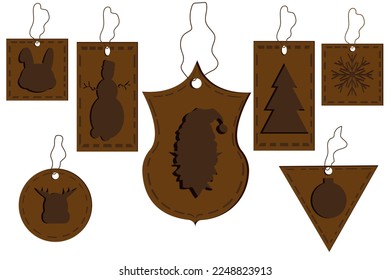 Leather tags stamped with silhouettes of Christmas, New Year and winter heroes. Vintage labels depicting the symbol 2023 New year, Santa Claus, reindeer, Christmas tree, ball, snowflake and snowman.