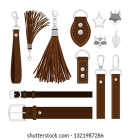 Leather tassels. Vector leather belts, metal buckles and carbines, steel pendants isolated on white background