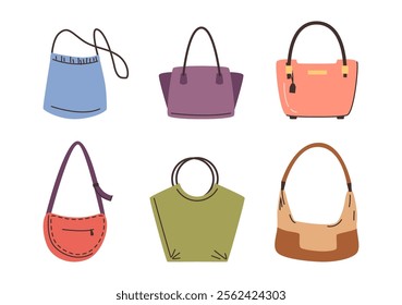 Leather and textile bags for women. Vector isolated set of stylish accessories for ladies outfits. Sacks with zippers and pouches, handles and simple minimalist decor. Feminine apparel completion