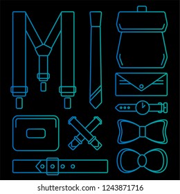 Leather and textile elements of Sewing and Needlework production. Blue Thin Line Icon Set Include of Clock, purse, Suspender, Bag, Butterfly, Tie, Belt and Armband. Vector illustration