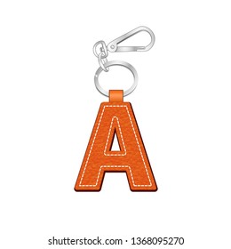 leather texture key chain with Letter A, leather tag key ring vector sketch template isolated on white background