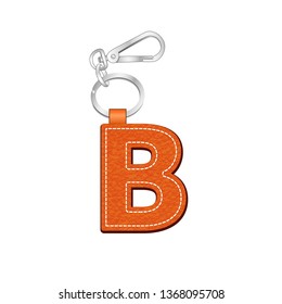 leather texture key chain with Letter B, leather tag key ring vector sketch template isolated on white background