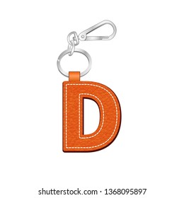 leather texture key chain with Letter D, leather tag key ring vector sketch template isolated on white background