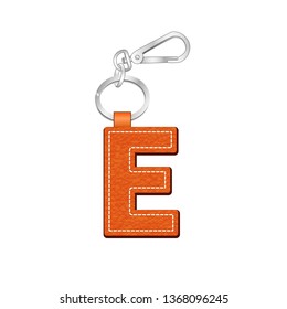 leather texture key chain with Letter E, leather tag key ring vector sketch template isolated on white background