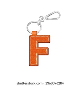 leather texture key chain with Letter F, leather tag key ring vector sketch template isolated on white background