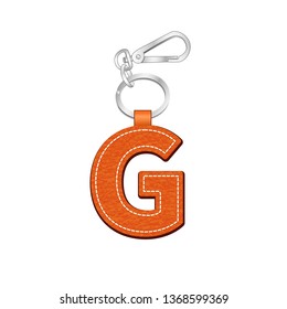 leather texture key chain with Letter G, leather tag key ring vector sketch template isolated on white background