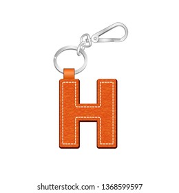 leather texture key chain with Letter H, leather tag key ring vector sketch template isolated on white background