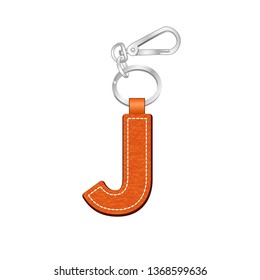 leather texture key chain with Letter J, leather tag key ring vector sketch template isolated on white background