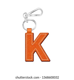 leather texture key chain with Letter K, leather tag key ring vector sketch template isolated on white background