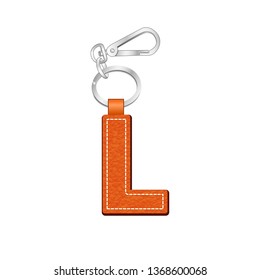 leather texture key chain with Letter L, leather tag key ring vector sketch template isolated on white background