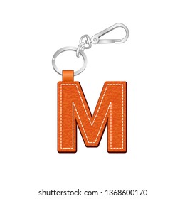 leather texture key chain with Letter M, leather tag key ring vector sketch template isolated on white background