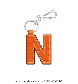 leather texture key chain with Letter N, leather tag key ring vector sketch template isolated on white background