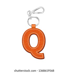 leather texture key chain with Letter Q, leather tag key ring vector sketch template isolated on white background