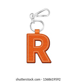 leather texture key chain with Letter R, leather tag key ring vector sketch template isolated on white background