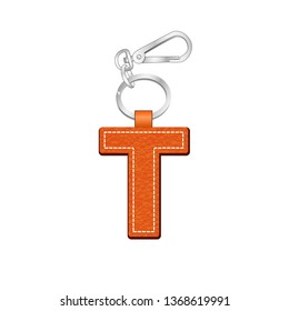 leather texture key chain with Letter T, leather tag key ring vector sketch template isolated on white background