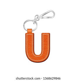 leather texture key chain with Letter U, leather tag key ring vector sketch template isolated on white background