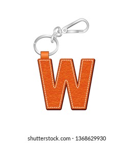 leather texture key chain with Letter W, leather tag key ring vector sketch template isolated on white background