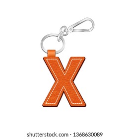 leather texture key chain with Letter X, leather tag key ring vector sketch template isolated on white background