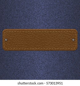 leather texture label for clothes on jeans background in vintage style. vector illustration.
