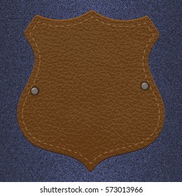 leather texture label for clothes on jeans background in vintage style. vector illustration.