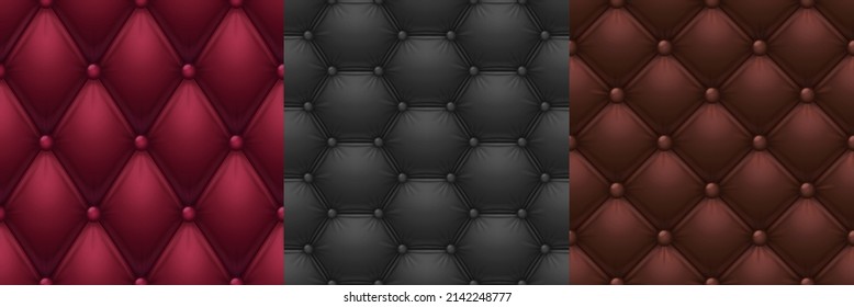 Leather texture, quilt sofa upholstery seamless background. Red, black and brown elegant buttoned fabric quilted with symmetric sewn buttons. luxury furniture trim samples, Realistic 3d vector set