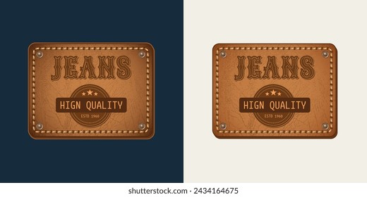 Leather textured belt label with text, topstitching, rivets. Detailed vintage illustration on dark, white background. Design element for denim style