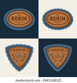 Leather textured label with text, stitching, rivets, denim fringe. Detailed design element on dark, white background.