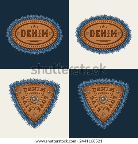 Leather textured label with text, stitching, rivets, denim fringe. Detailed design element on dark, white background.
