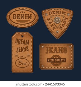 Leather textured labels with text, stitching, rivets. Detailed vintage illustration on dark background. Design elements for denim style