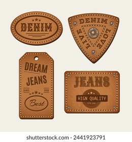 Leather textured labels with text, stitching, rivets. Detailed vintage illustration on white background. Design elements for denim style