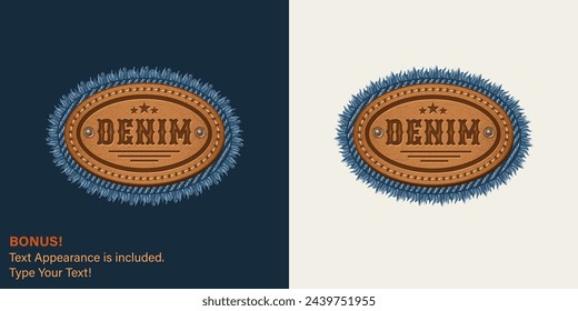 Oval strukturiertes Leder, elliptisches Etikett mit Text, Nähte, Nieten, Jeansfransen. Text-Grafikstil ist enthalten. Detailliertes Gestaltungselement auf dunklem, weißem Hintergrund.