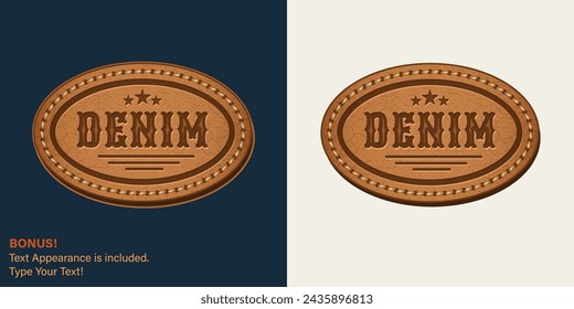 Leather textured oval label with text, stitching, rivets. Text graphic style is included. Detailed vintage illustration on dark, white background. Design element for denim style