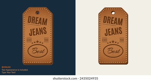 Leather textured rectangular label with text, stitching. Text graphic style is included. Detailed vintage illustration on dark, white background. Design element for denim style