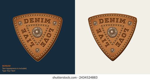 Leather textured triangular label with text, stitching, rivets. Text graphic style is included. Detailed vintage illustration on dark, white background. Design element for denim style