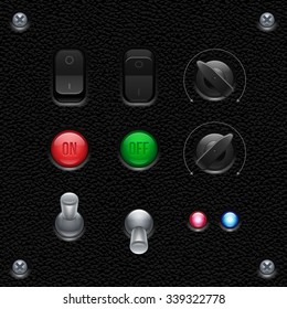 Leather UI Application Software Controls Set. Switcher, Button, Knobs, Lamps. Web Design Elements. Vector User Interface EPS10 