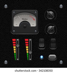 Leather UI Application Software Controls Set. Switch, Knobs, Button, Lamp, Volume, Equalizer, Voltmeter, Speedometr, Indicator, Detector, LED. Web Design Elements. Vector User Interface EPS10 