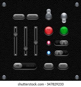 Leather UI Application Software Controls Set. Switch, Knobs, Button, Lamp, Volume, Equalizer, LED, Unlock. Web Design Elements. Vector User Interface EPS10 