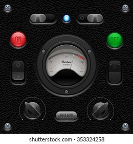 Leather UI Application Software Controls Set. Switch, Knobs, Button, Lamp, Volume, Equalizer, Voltmeter, Speedometr, Indicator, Detector, LED. Web Design Elements. Vector User Interface EPS10 