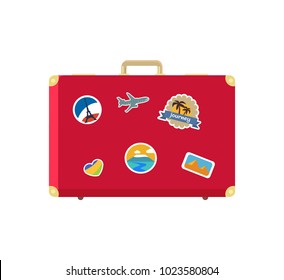 Leather vintage suitcase with decorative memory cards with flag of France, Egypt tropical countries and flying plane vector illustration briefcase